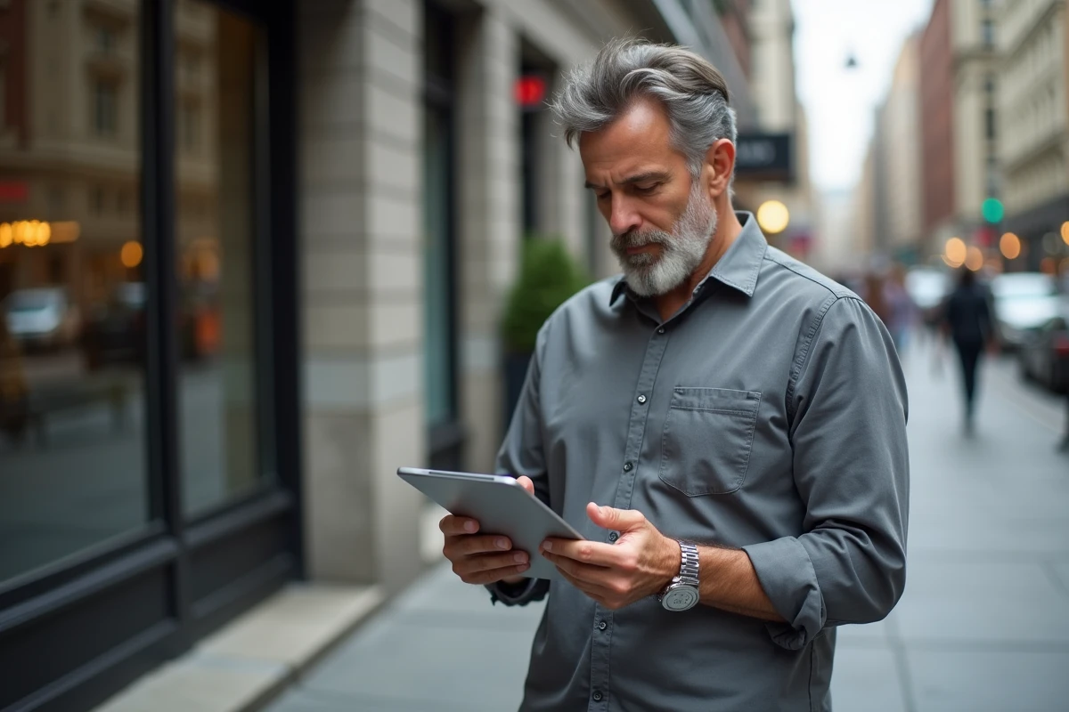 Homme lisant les actualités sur une tablette numérique dans une rue de la ville