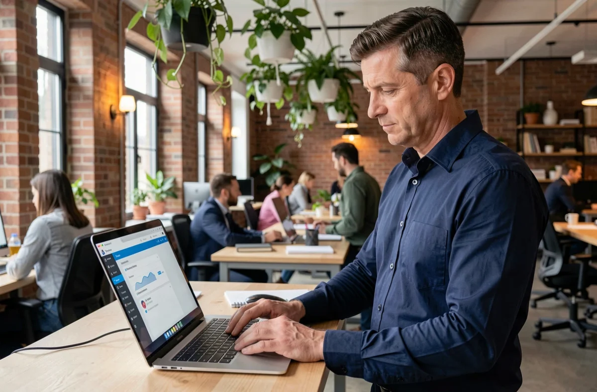 Homme professionnel utilisant une plateforme d'optimisation web dans un espace de coworking moderne