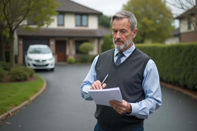 Homme d'âge moyen vérifiant des documents devant une maison