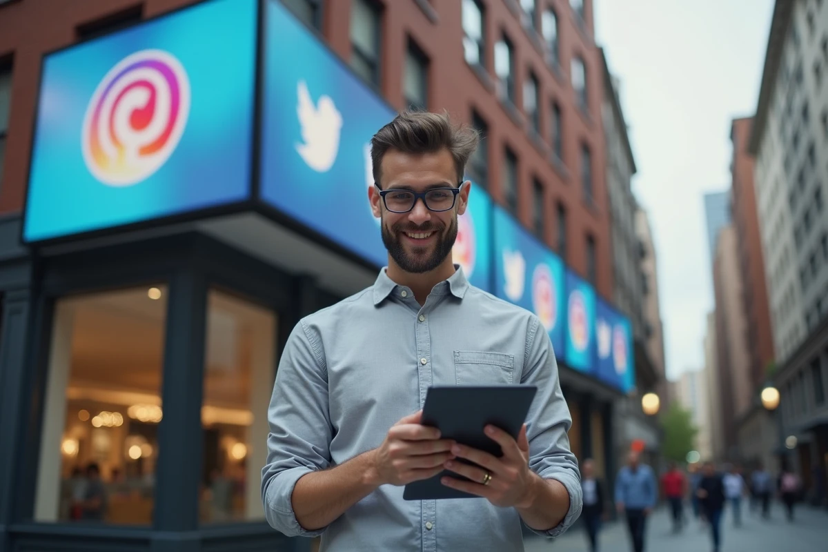 Jeune homme en extérieur présentant des insights avec une tablette devant un bâtiment moderne