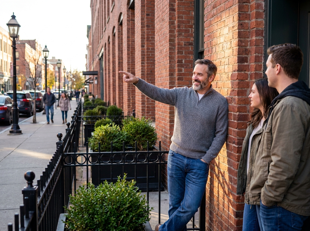 Homme pointant vers un bâtiment urbain rénové