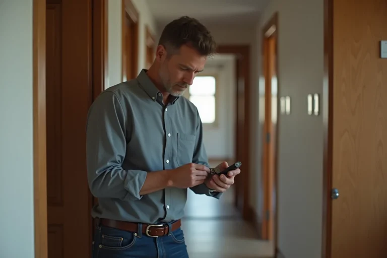 Homme vérifiant un badge de sécurité à la porte d'entrée