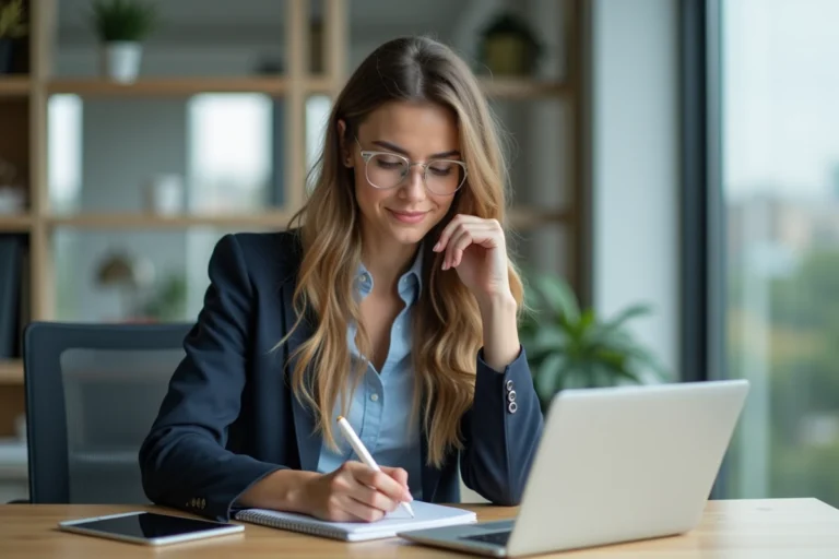 Jeune femme professionnelle au bureau avec appareils numériques