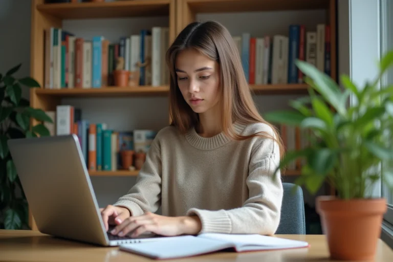 Jeune femme concentrée sur son ordinateur dans une chambre d'étudiant