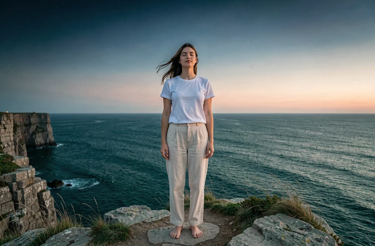 Jeune femme au bord d'une falaise côtière les yeux fermés ressentant les signes profonds de sa destinée face à l'océan