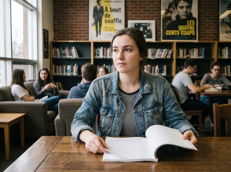 Jeune femme en denim étudie un scénario de film dans un salon universitaire