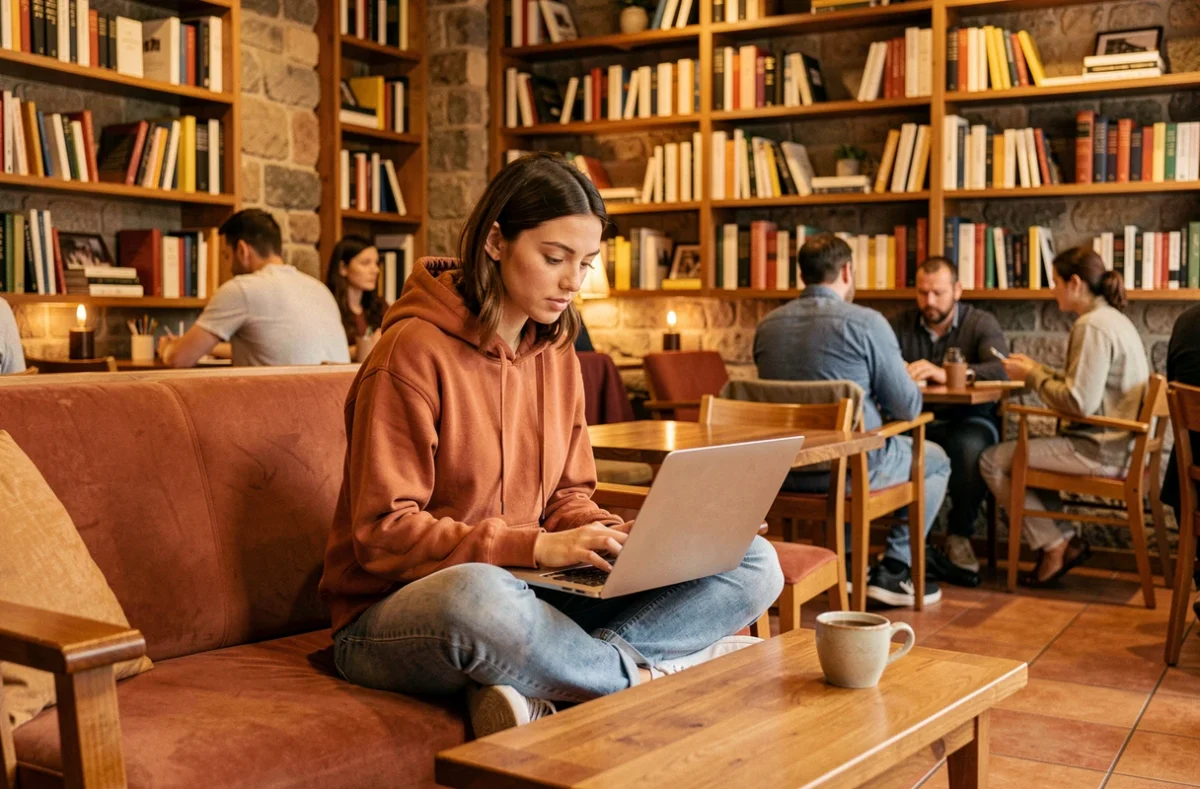 Jeune femme consultant des ressources en ligne pour optimiser sa présence web dans un café urbain