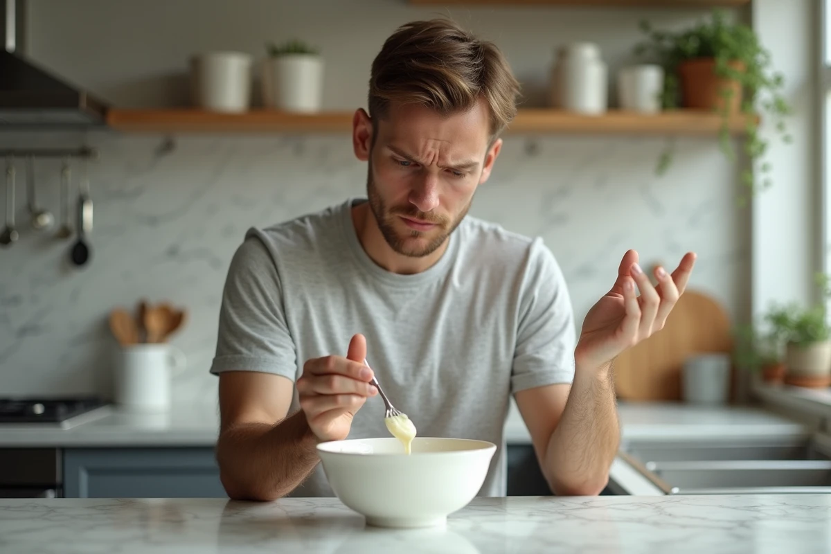 Jeune homme perplexe devant bol de creme liquide en cuisine