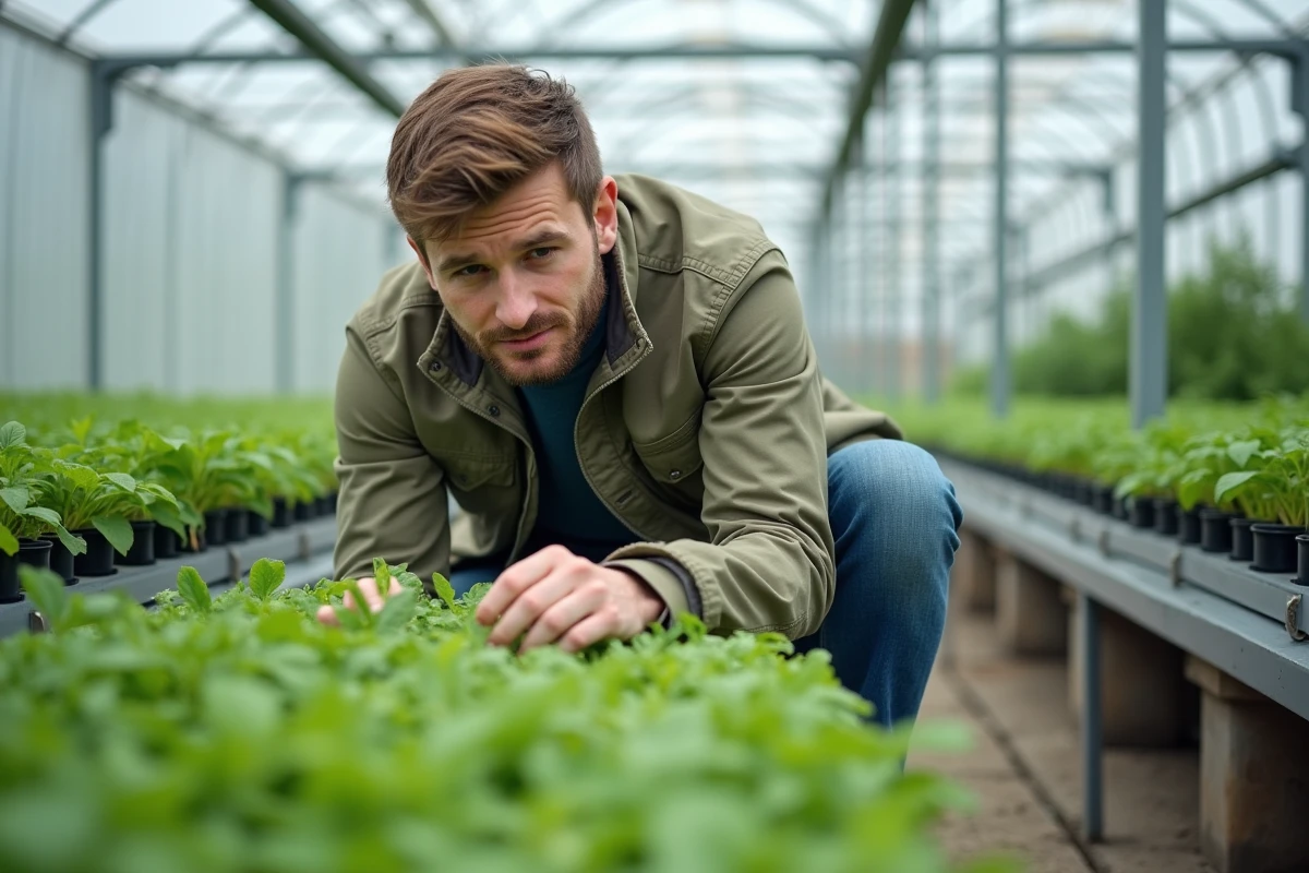 Jeune homme examinant des herbes aromatiques en serre moderne