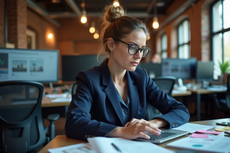 Journaliste femme analysant des documents d'actualité dans une salle de rédaction moderne