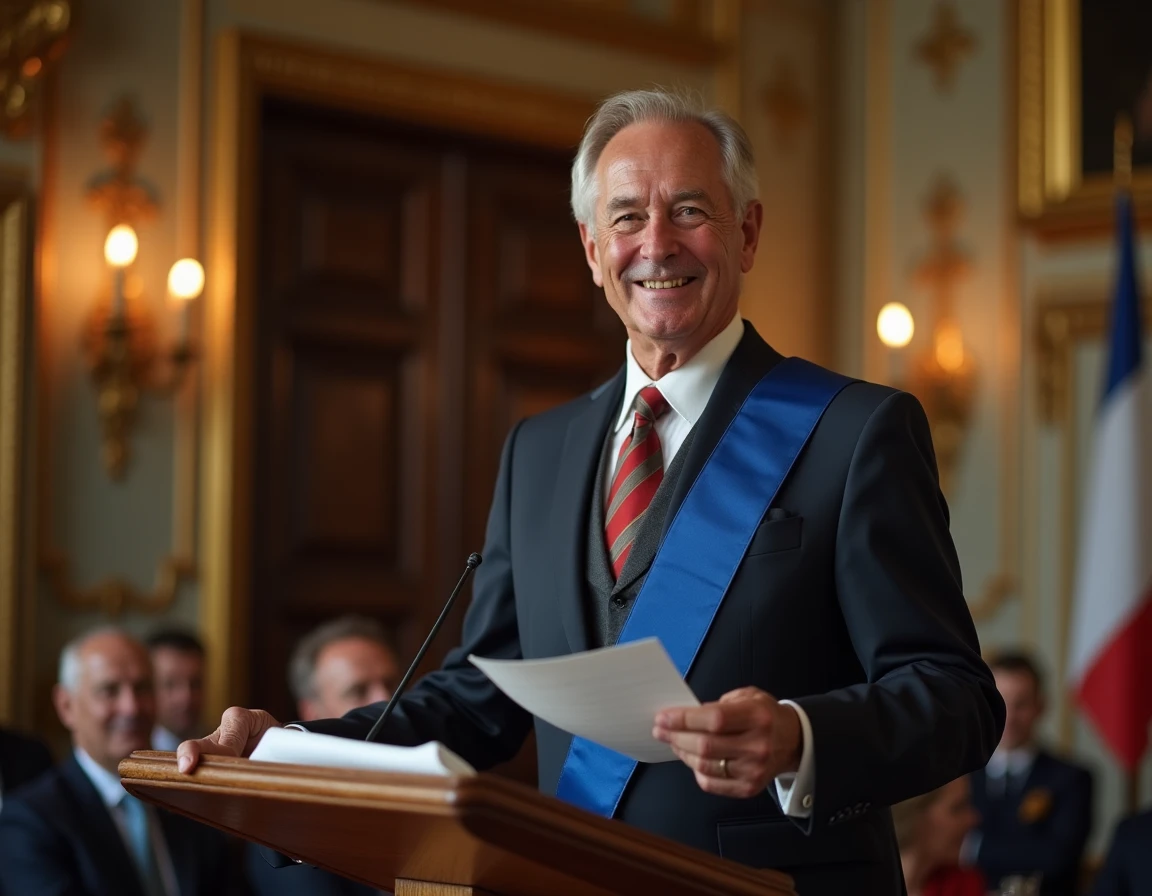 Maire en écharpe tricolore prononçant un discours lors d'un mariage dans une salle des fêtes élégante