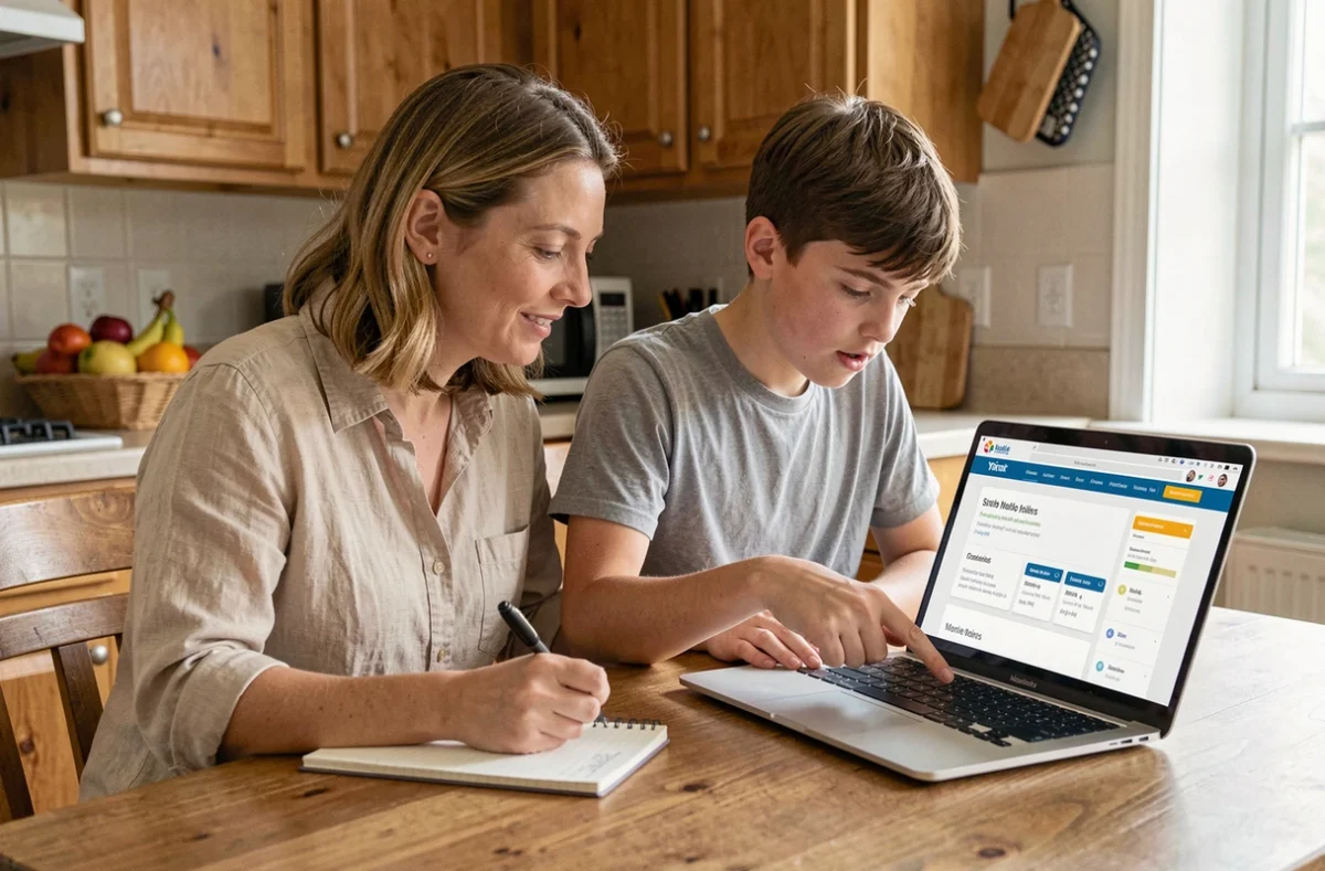 Mère et adolescent comparant des forfaits mobiles ensemble sur un ordinateur portable dans la cuisine