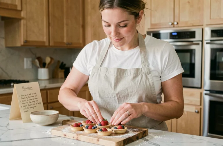 Femme préparant des tartelettes légères aux fruits rouges dans une cuisine rustique en bois et marbre, alliant pâtisserie et alimentation saine