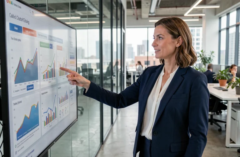 Femme cadre en blazer marine présentant des tableaux de bord analytiques sur un écran interactif dans un bureau moderne et innovant