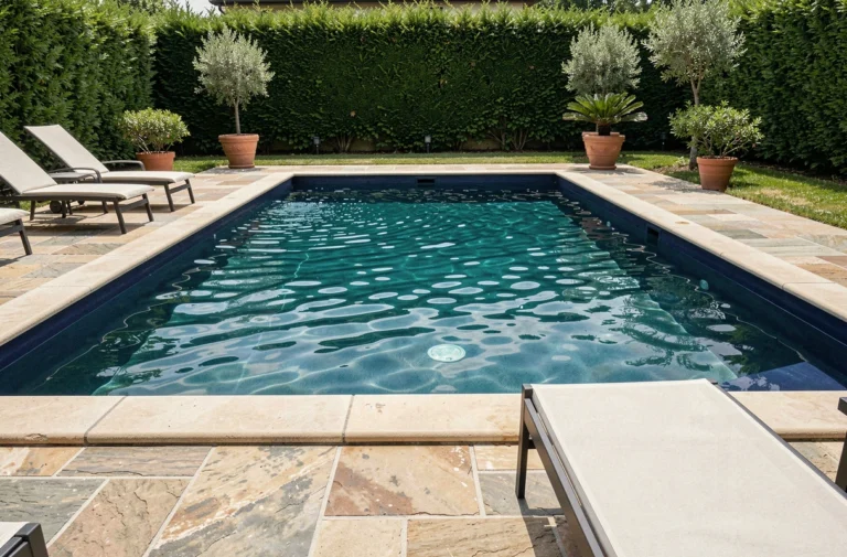 Piscine rectangulaire avec liner bleu marine et eau turquoise dans un jardin méditerranéen avec terrasse en pierre naturelle