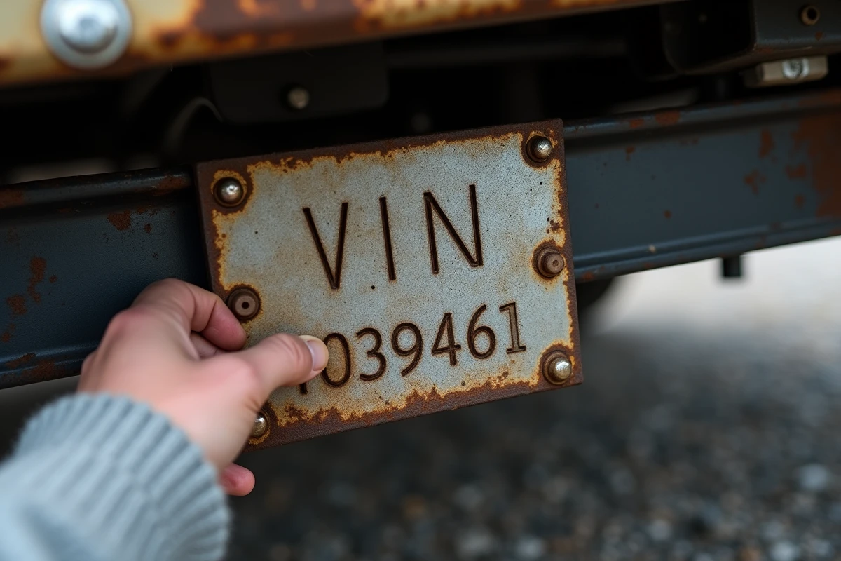 Gros plan sur la plaque d'identification du châssis d'un mobil-home avec numéro VIN visible