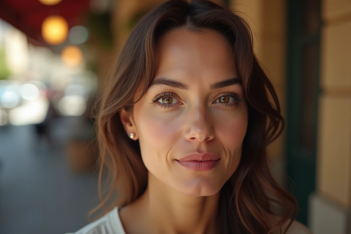 Portrait rapproché d'une femme aux lèvres marquées en terrasse urbaine, illustration d'un article sur les rumeurs de chirurgie esthétique
