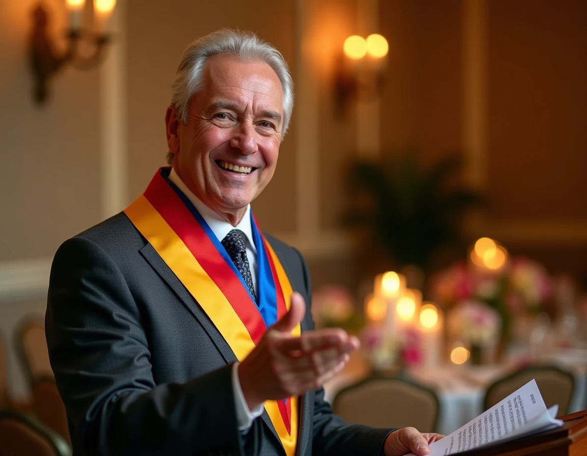 Portrait expressif d'un maire prononçant un discours émouvant lors d'une réception de mariage