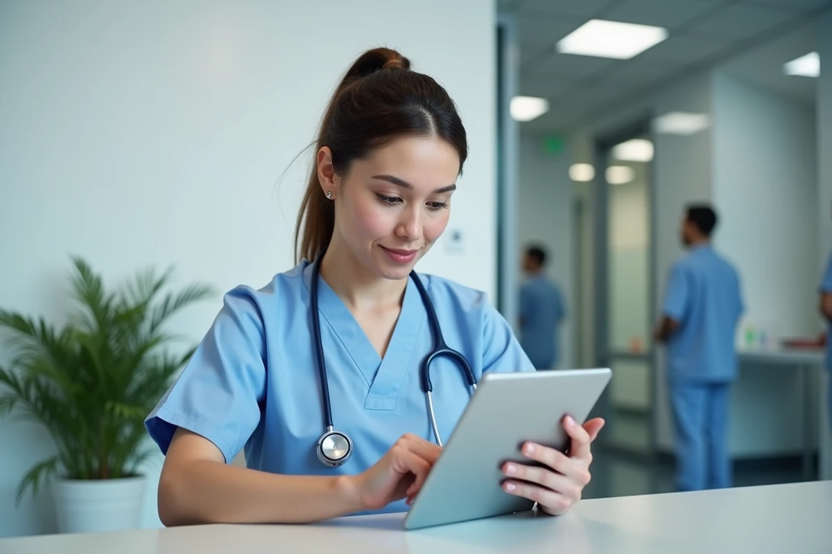 Professionnelle de santé consultant des ressources médicales sur tablette dans une salle de pause hospitalière