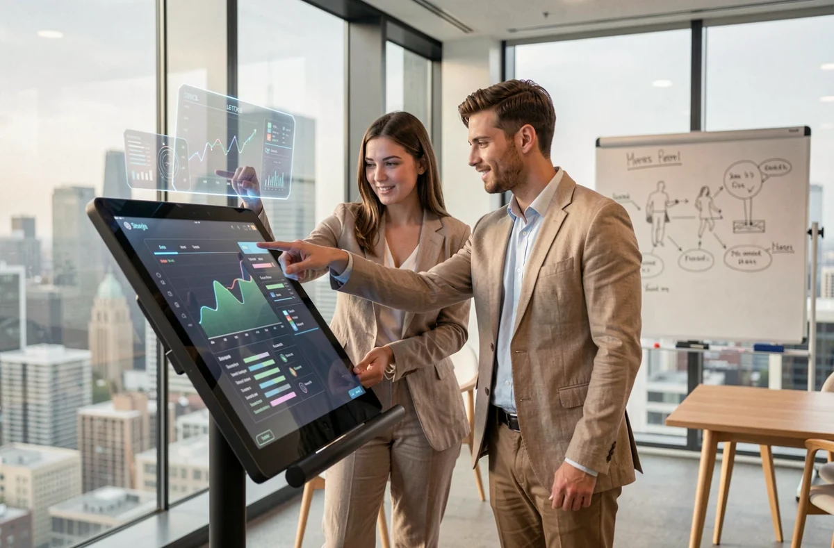 Deux professionnels collaborant sur une tablette tactile avec réalité augmentée dans une salle de réunion moderne