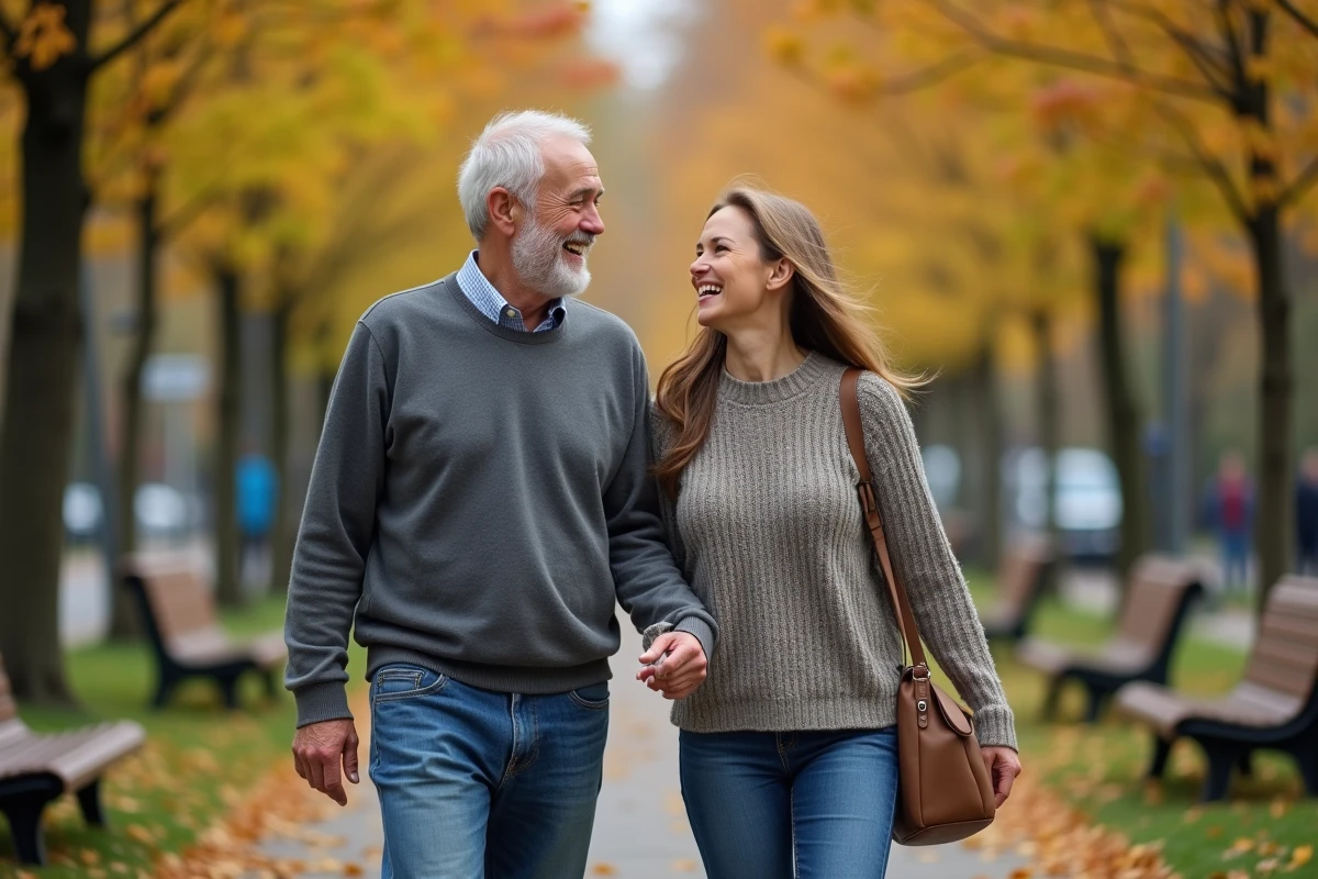 Homme et femme marchant dans un parc en automne