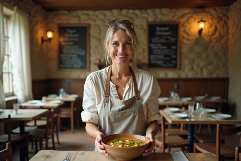 Femme souriante servant une soupe dans un restaurant local convivial aux murs en pierre