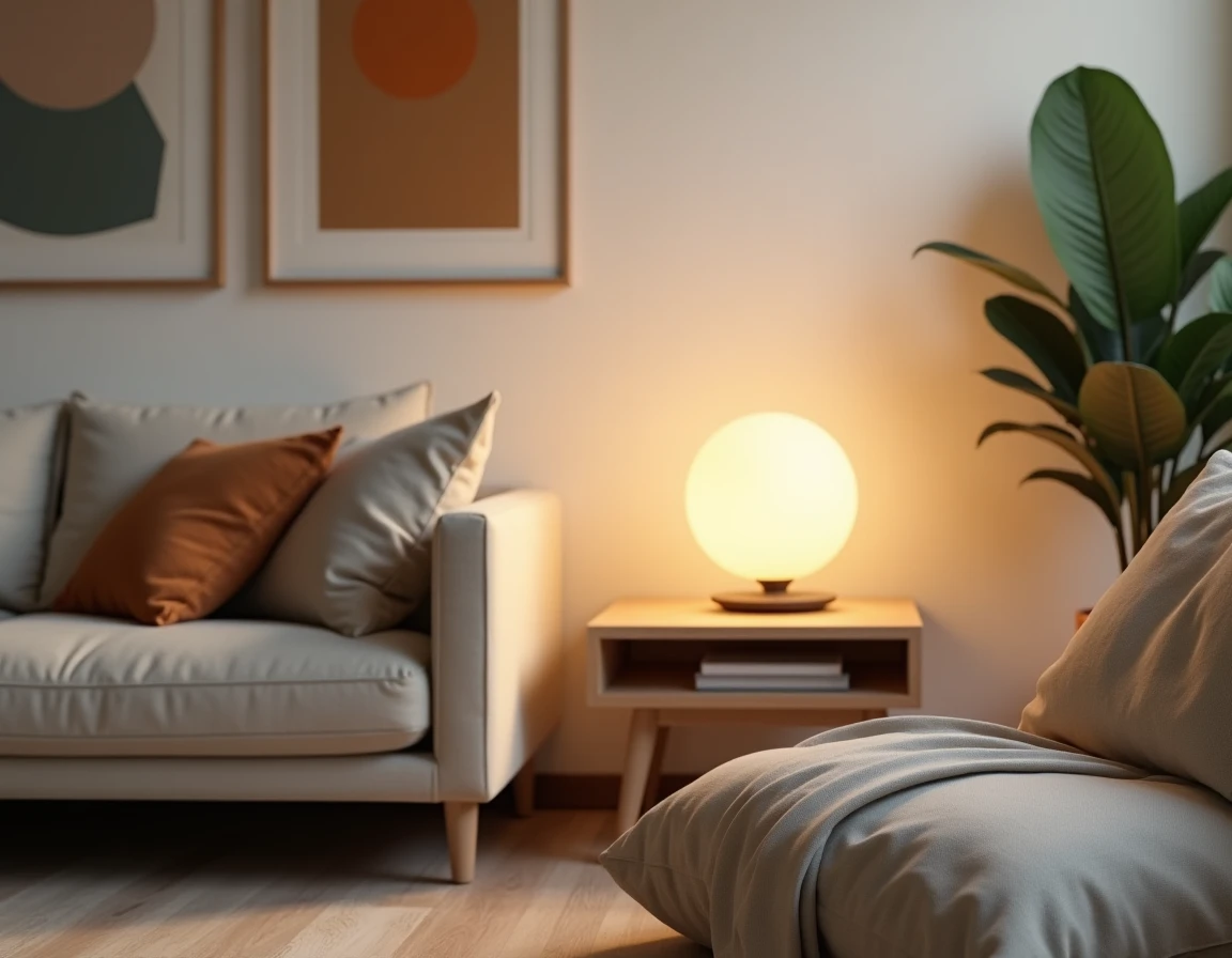 Salon moderne avec lampe d'ambiance Foyerlumina sur table en bois, décoration apaisante en tons neutres
