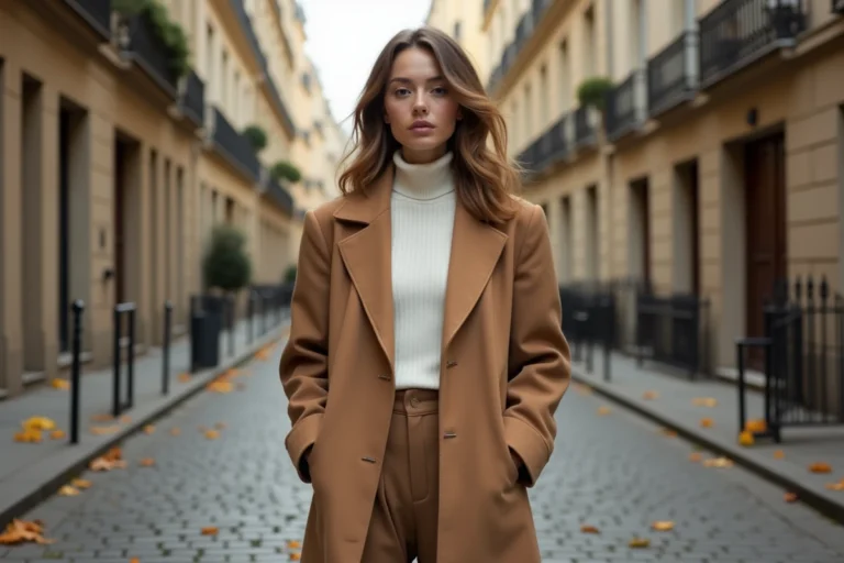 Femme portant un blazer oversize camel et un pantalon large beige dans une rue pavée parisienne en automne, tendances mode saison