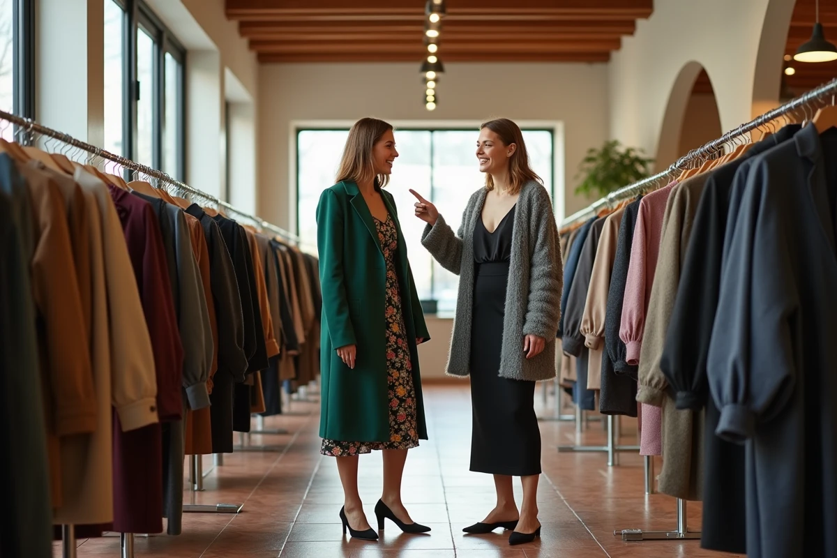 Deux femmes élégamment habillées en tendances mode de saison dans une boutique lumineuse aux poutres en bois et carrelage terracotta