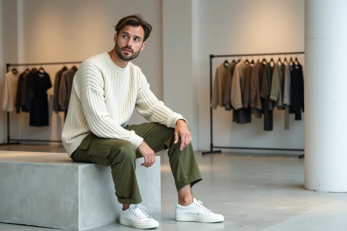 Homme stylé en pull côtelé crème et pantalon cargo olive assis dans un concept store minimaliste, tendances mode masculine saison