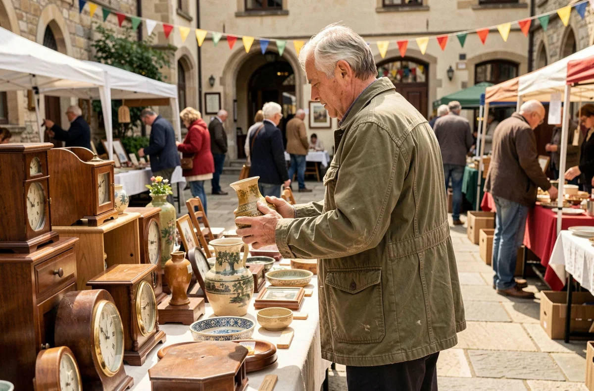 Homme examinant des objets de seconde main sur un stand de vente d'une association de débarras en plein air
