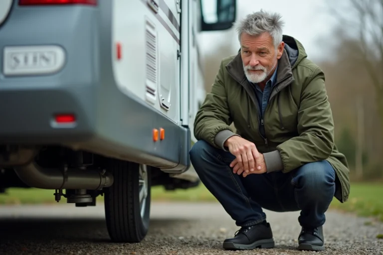 Homme examinant le numéro de châssis sous un mobil-home sur un terrain de camping